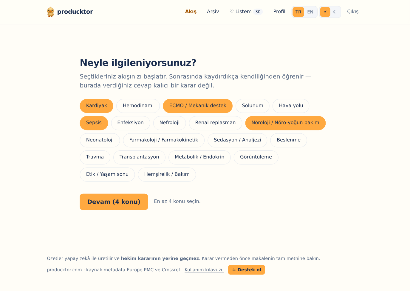 Konu seçim ekranı